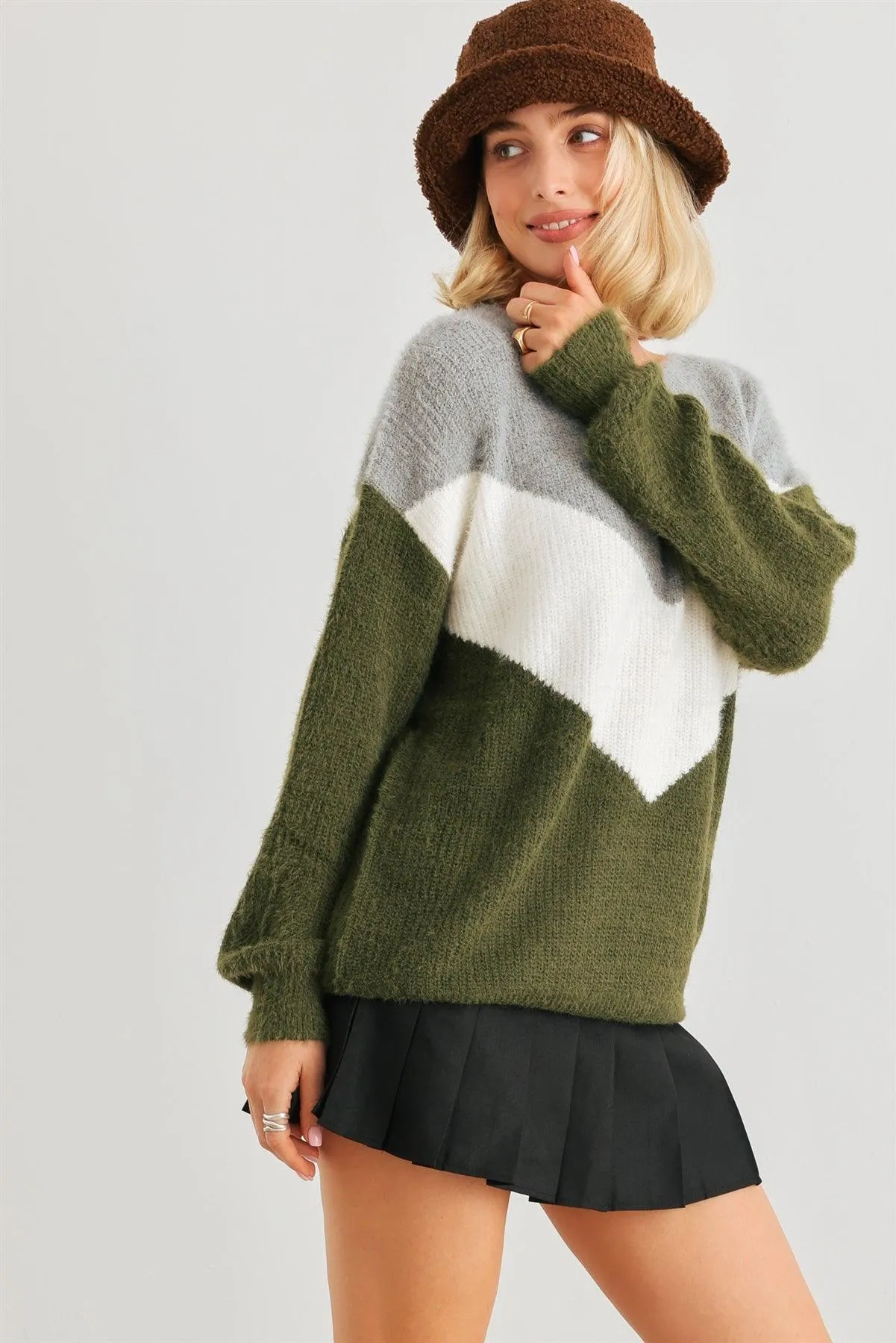 Heather Grey Green Colorblock Fuzzy Knit Long Sleeve Sweater /2-2-2