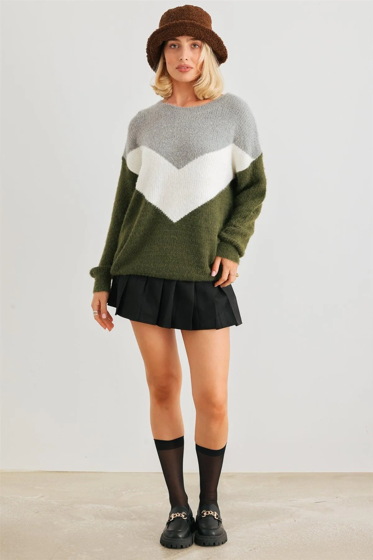 Heather Grey Green Colorblock Fuzzy Knit Long Sleeve Sweater /2-2-2