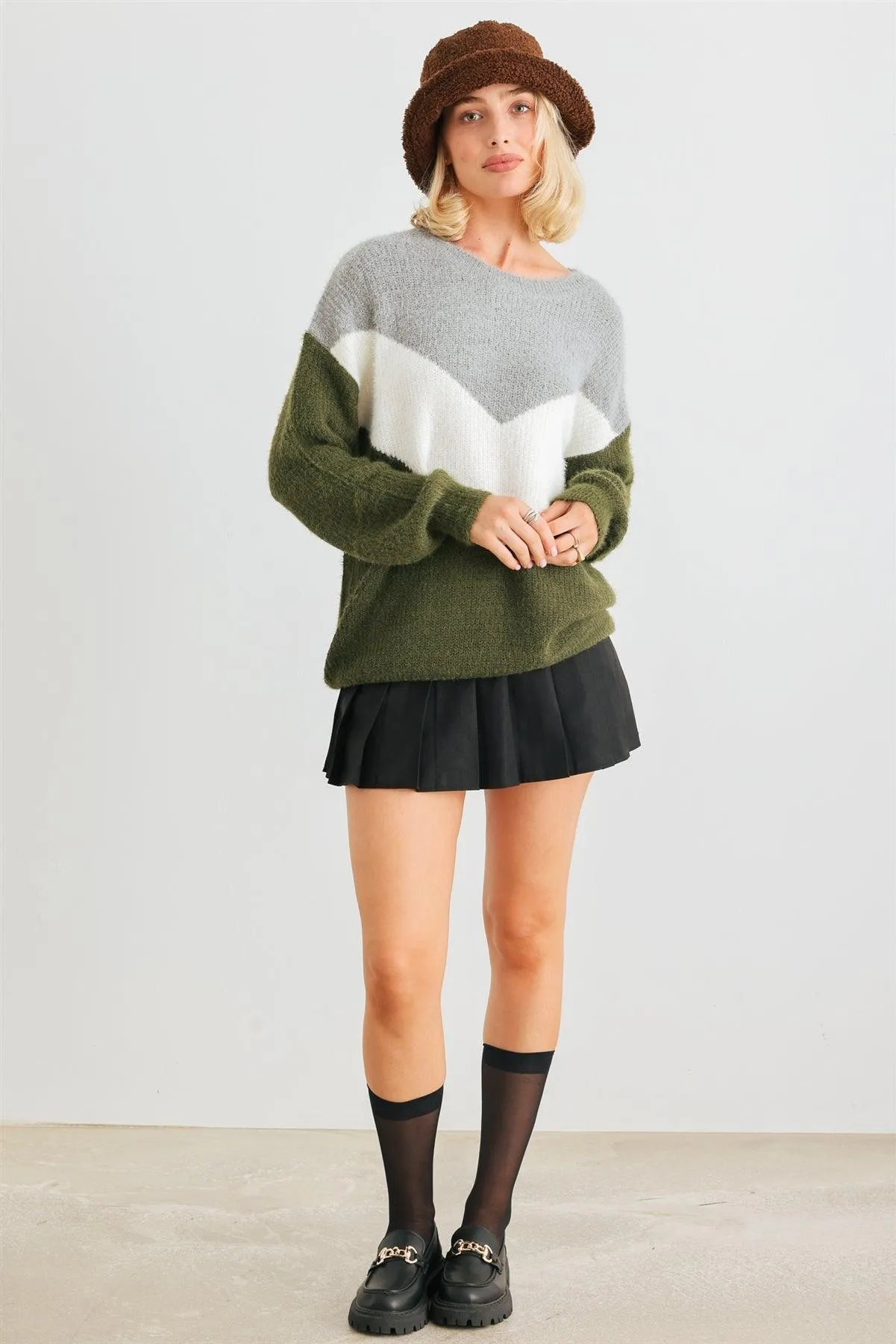 Heather Grey Green Colorblock Fuzzy Knit Long Sleeve Sweater /2-2-2