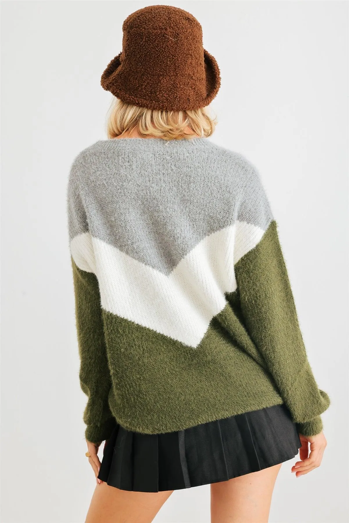 Heather Grey Green Colorblock Fuzzy Knit Long Sleeve Sweater /2-2-2