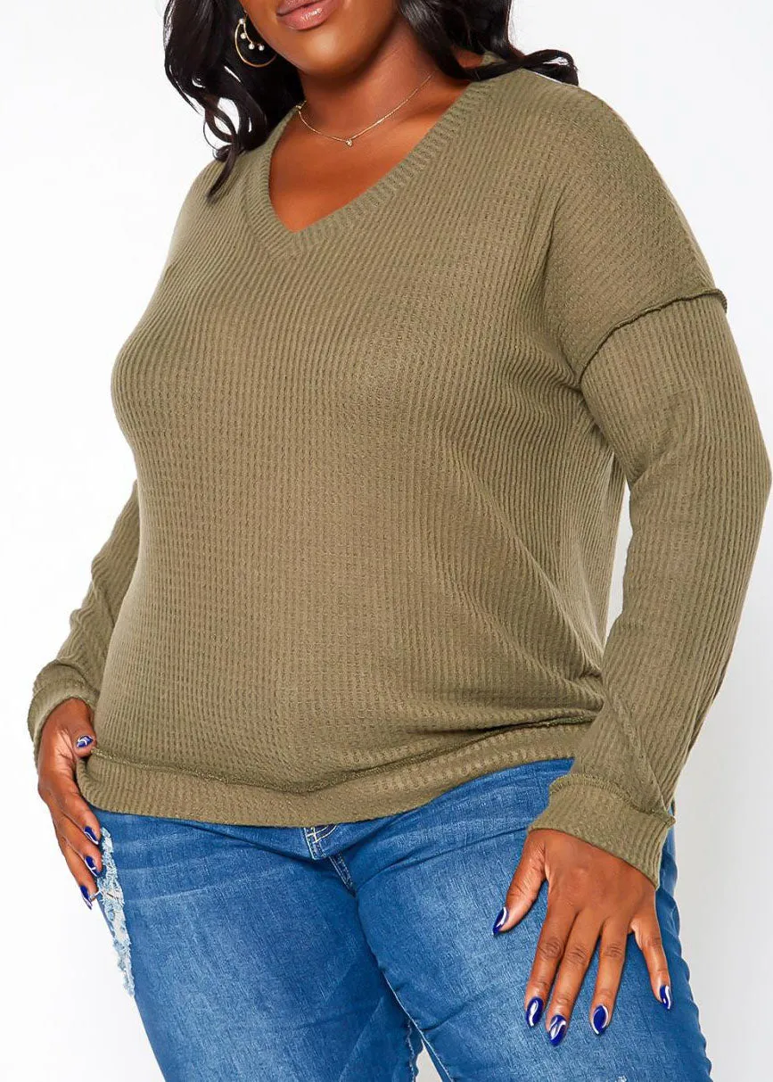 Hi Curvy Plus Size Waffle Knit V Neck Top