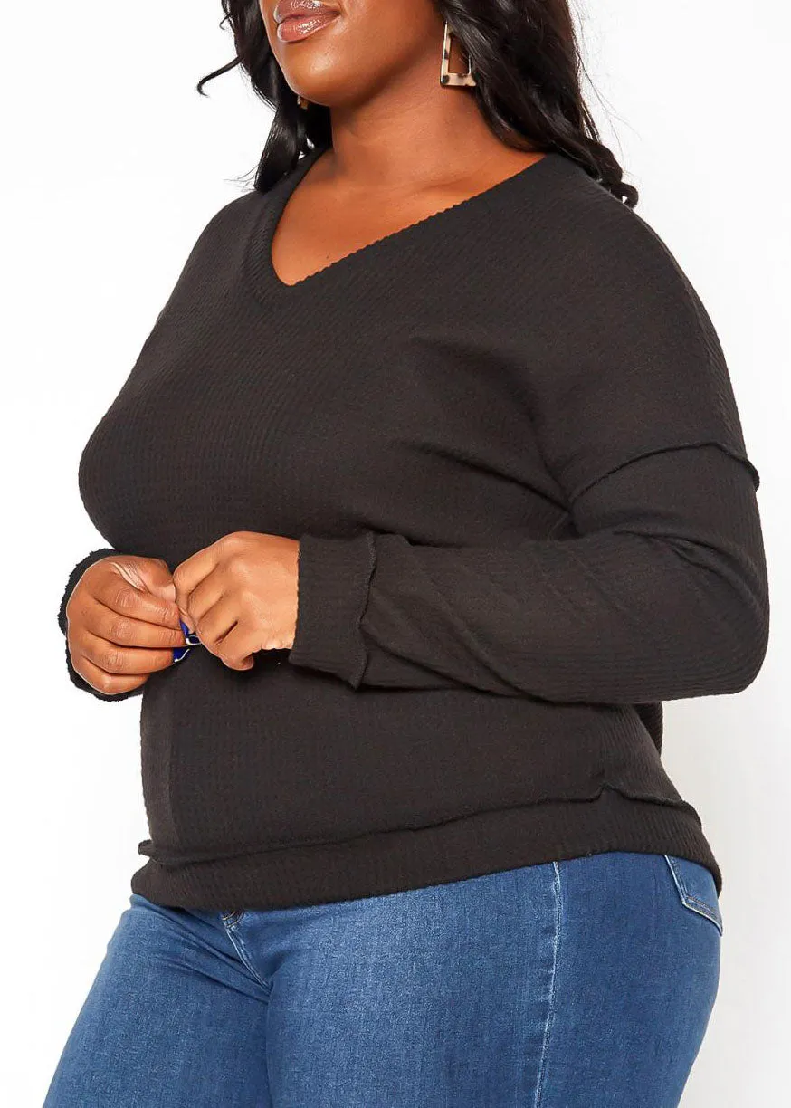 Hi Curvy Plus Size Waffle Knit V Neck Top