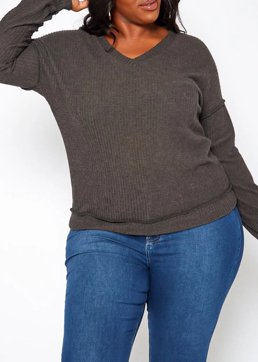 Hi Curvy Plus Size Waffle Knit V Neck Top