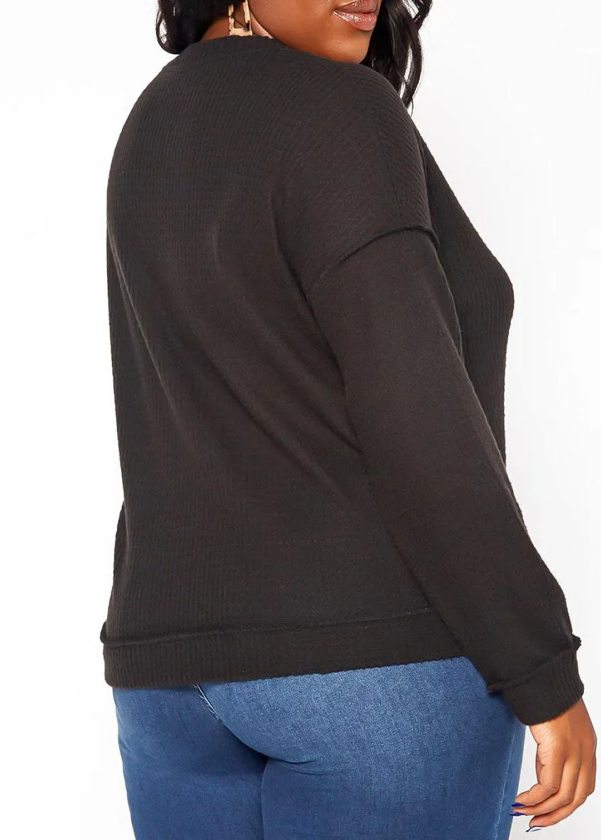 Hi Curvy Plus Size Waffle Knit V Neck Top