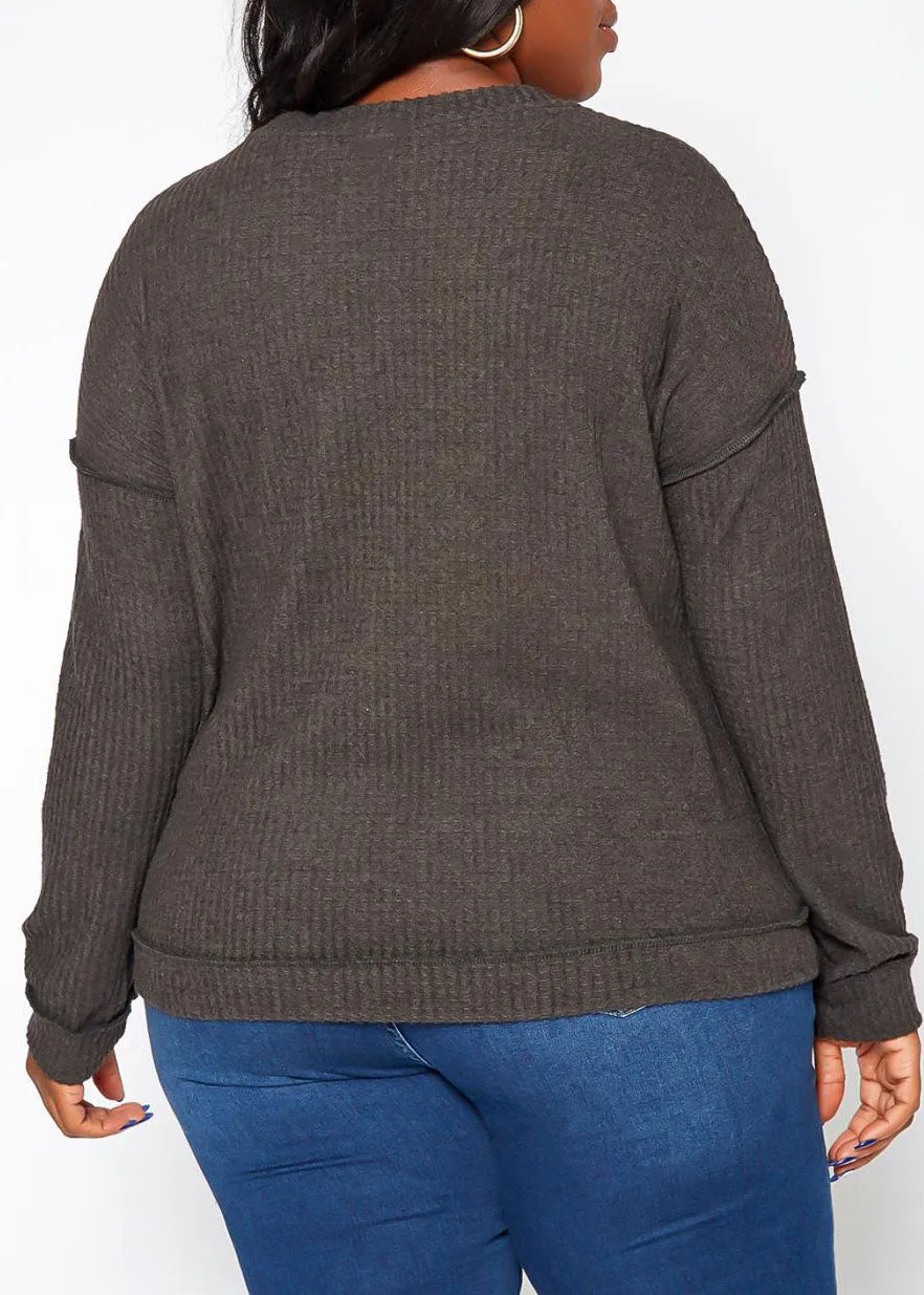 Hi Curvy Plus Size Waffle Knit V Neck Top