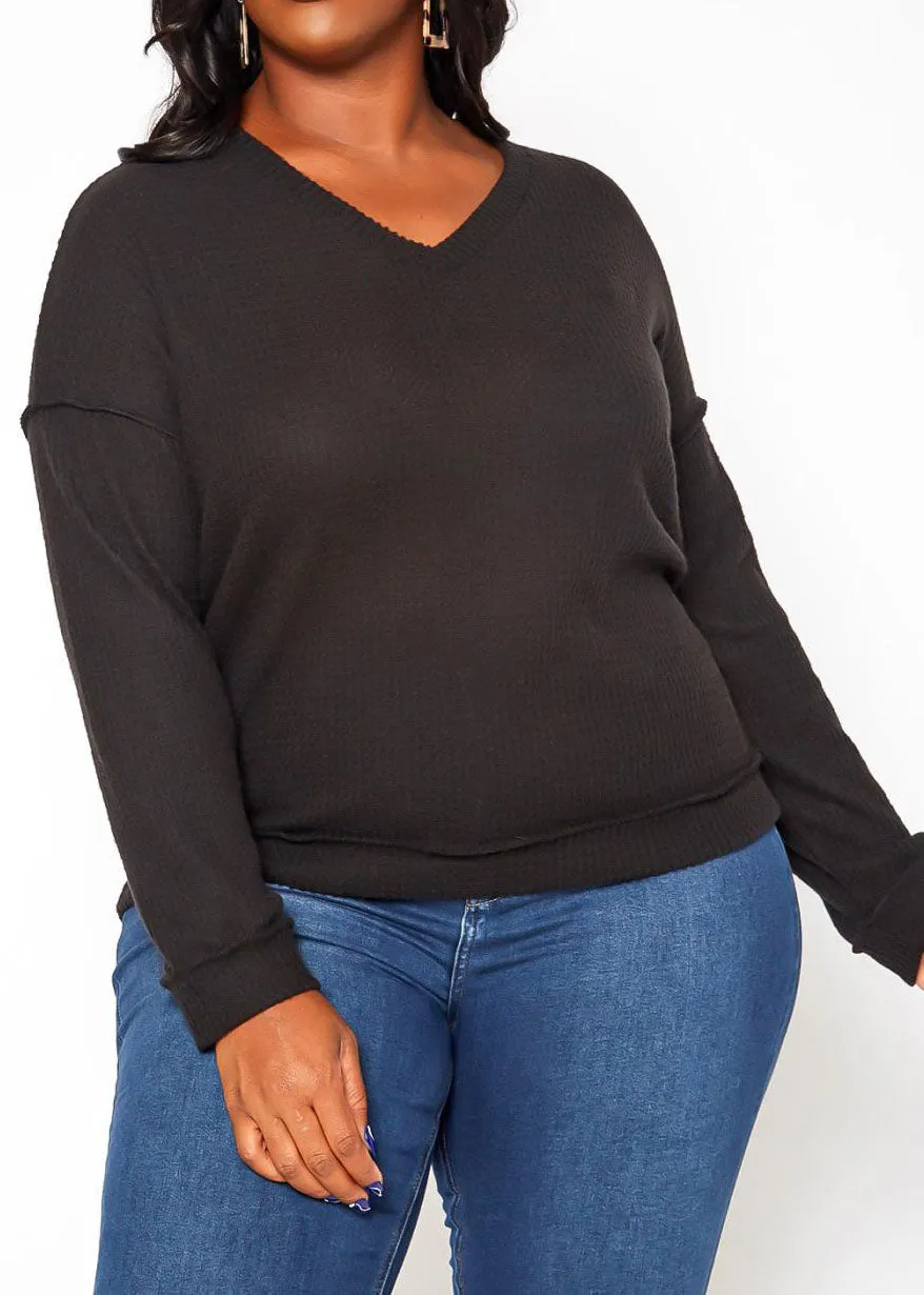 Hi Curvy Plus Size Waffle Knit V Neck Top