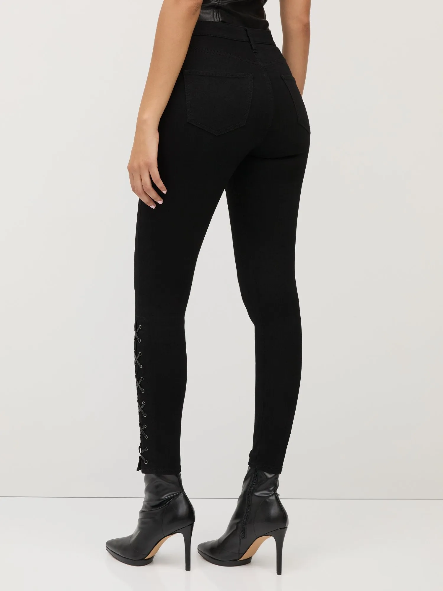 High-Waisted Lace-Up Detail Super-Skinny Jeans - Black