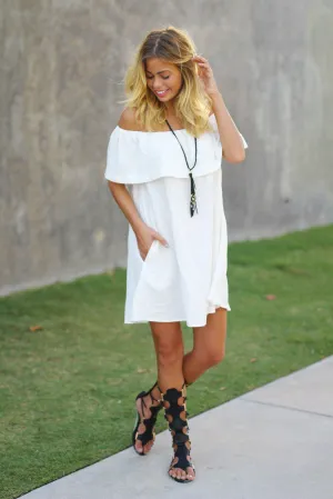 Ivory Off Shoulder Ruffle Short Dress