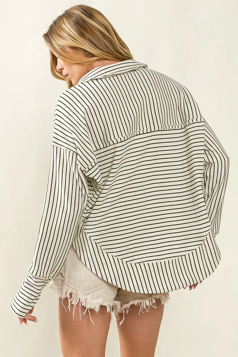 Ivory Stripe Half Button Pullover  * - BiBi