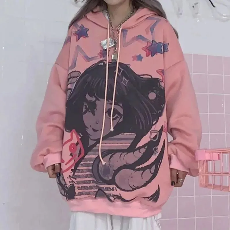 Joskaa Christmas Gift Japanese Cartoon Cute Bunny Hoodies Women Pullover Harajuku Streetwear New Loose Casual Fashion Oversized Long Hoodie Women Tops