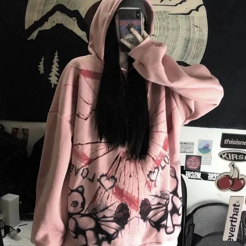 Joskaa Christmas Gift Japanese Cartoon Cute Bunny Hoodies Women Pullover Harajuku Streetwear New Loose Casual Fashion Oversized Long Hoodie Women Tops