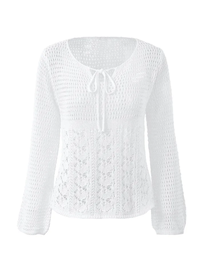 Joskaa Tie Front White Open Knit Top