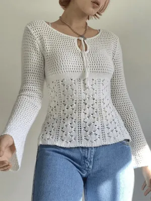 Joskaa Tie Front White Open Knit Top