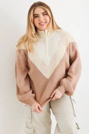 Junior Plus Ivory & Taupe Zip-Up Neck Long Sleeve Sweater /3-2-1