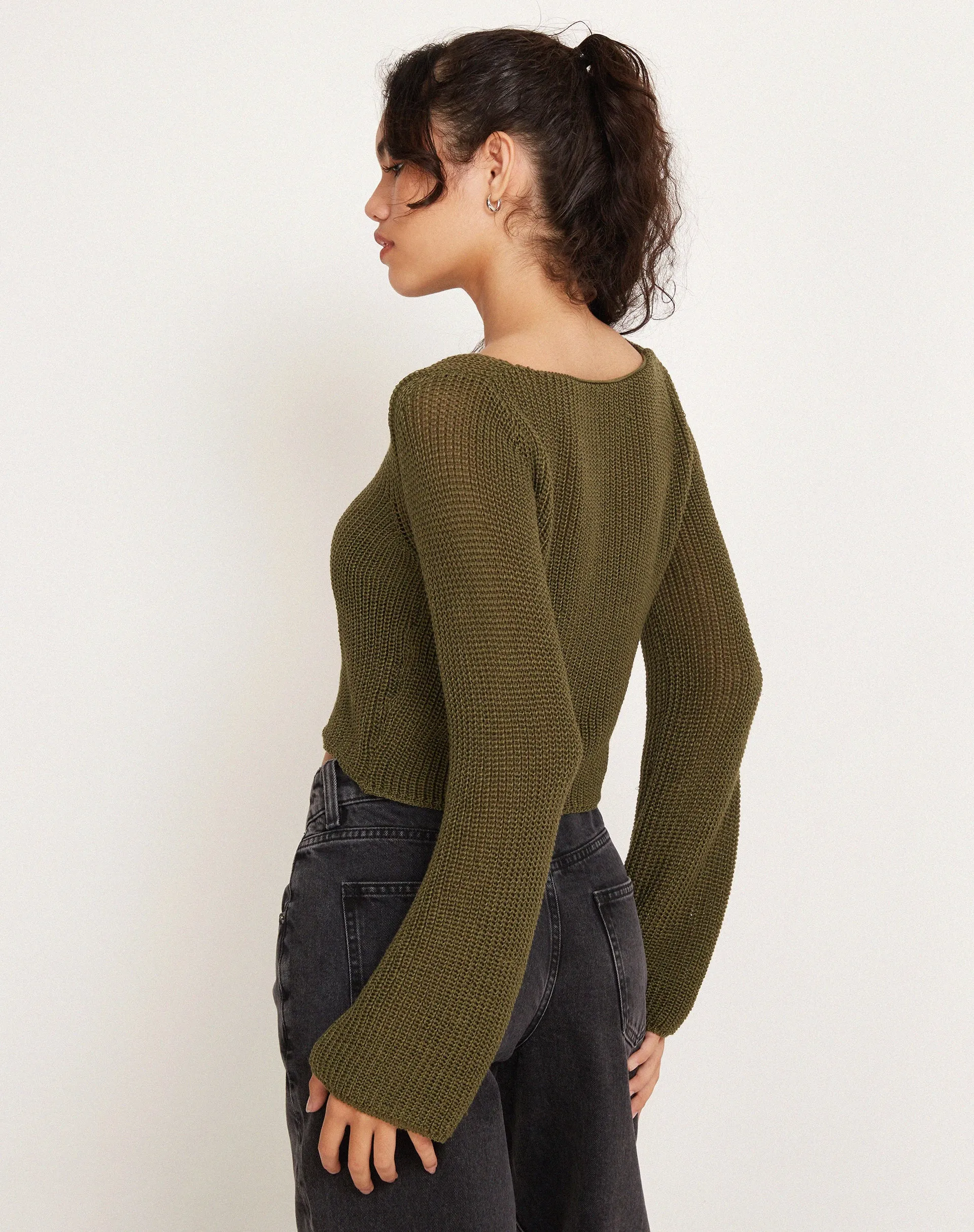 Kazayo Long Sleeve Knit Top in Chive Green