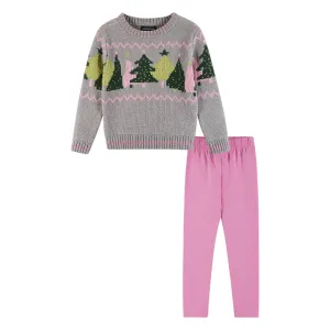 Kids Grey Chenille Sweater & Legging Set | Festive Trees