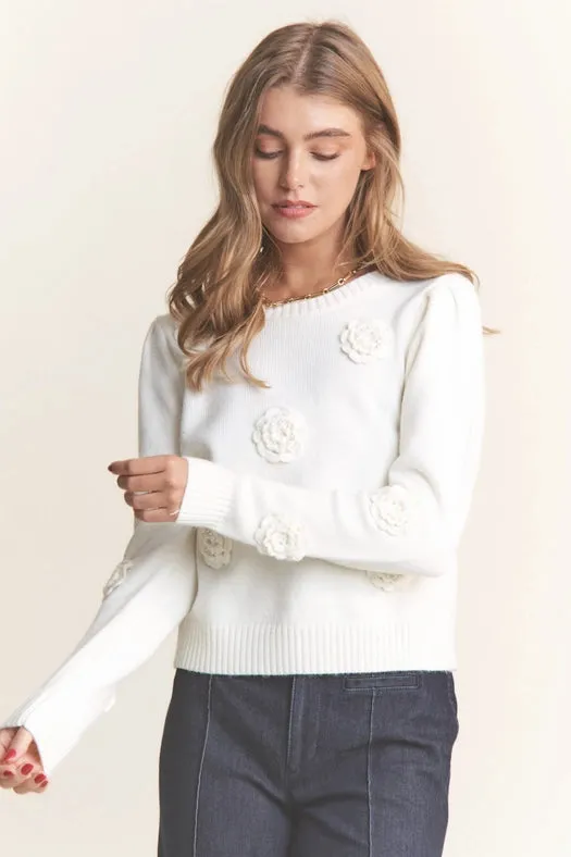 Knit Flower and Pearl Sweater Top