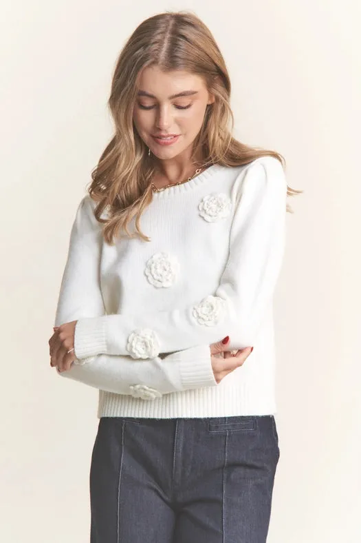 Knit Flower and Pearl Sweater Top