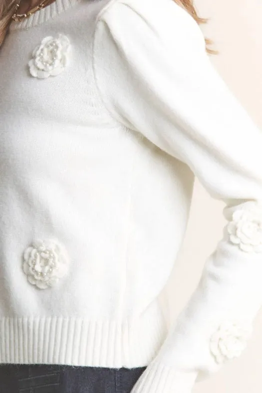 Knit Flower and Pearl Sweater Top