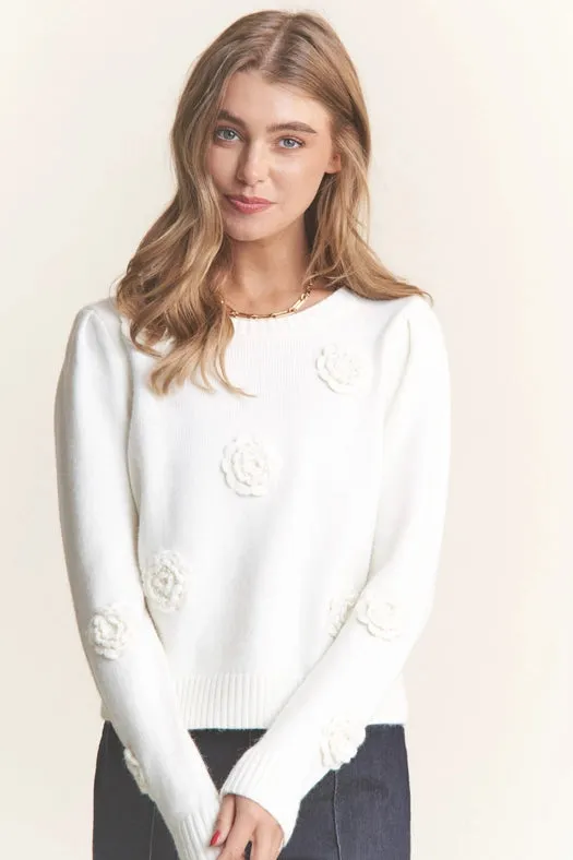 Knit Flower and Pearl Sweater Top