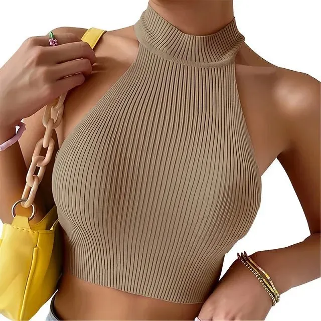 Knit Sleeveless Halter Top – Slim-Fit Ribbed Crop with High-Neck Design, Perfect Y2K-Inspired Essential for Women’s Wardrobe