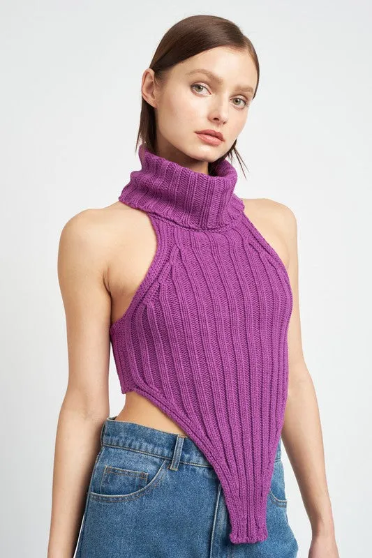 Knit Turtle Neck Open Back Crop Top