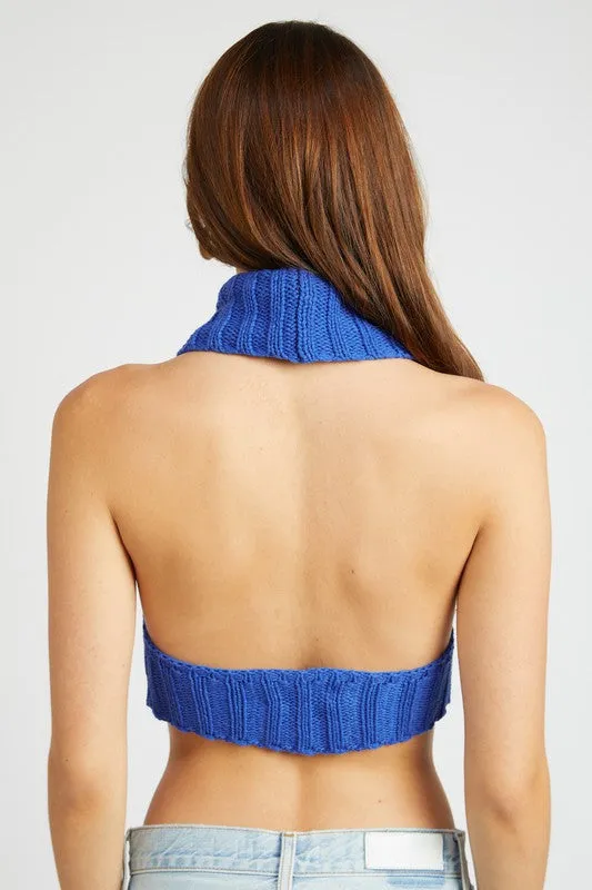 Knit Turtle Neck Open Back Crop Top