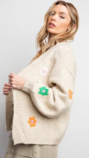 Knitted Flower Cardigan Oat