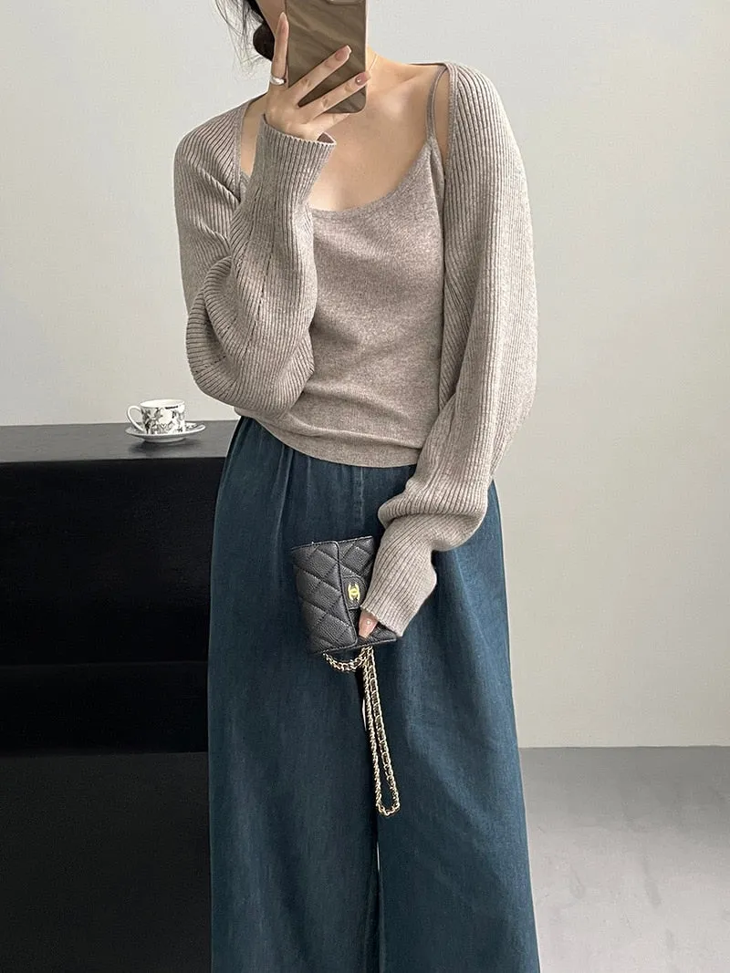 [Korean Style] Co-ord Long Sleeve Cardigan Knit Cami 2 pc Sets