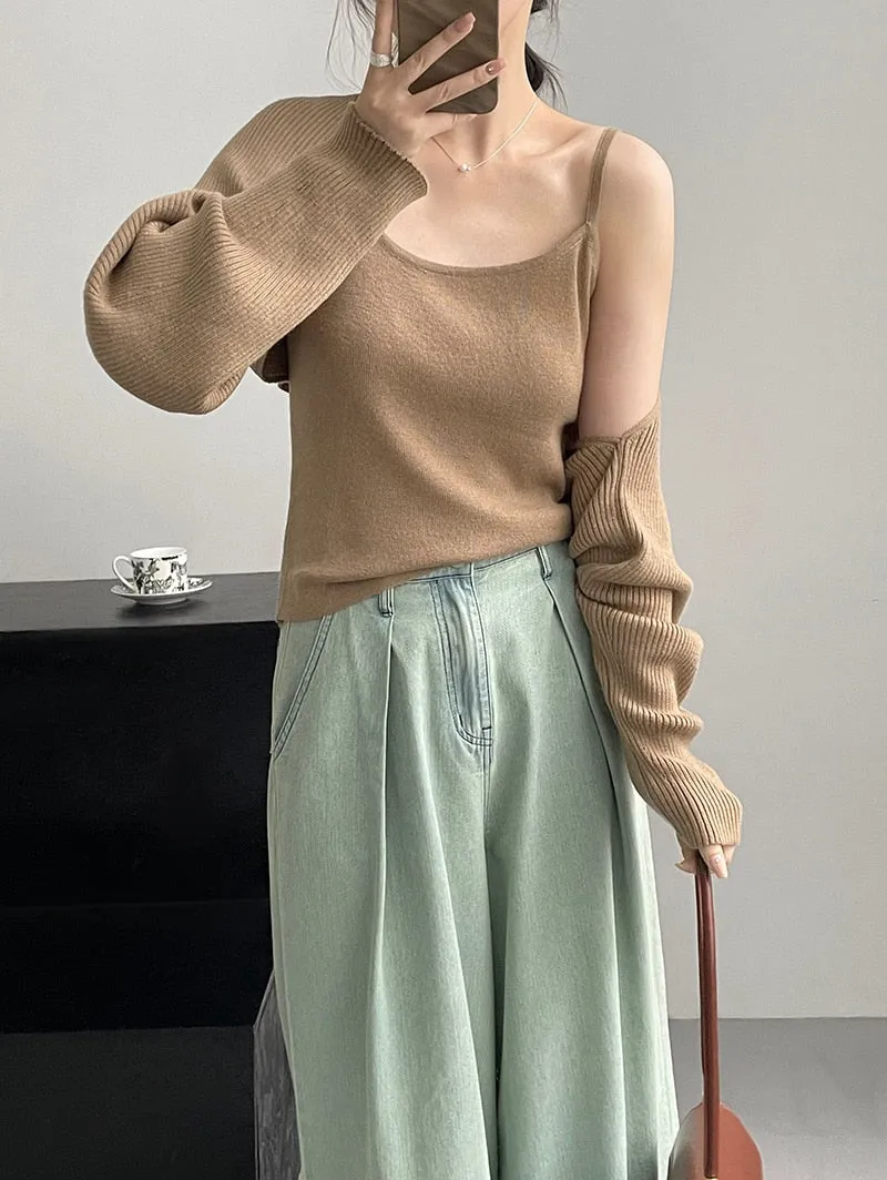 [Korean Style] Co-ord Long Sleeve Cardigan Knit Cami 2 pc Sets