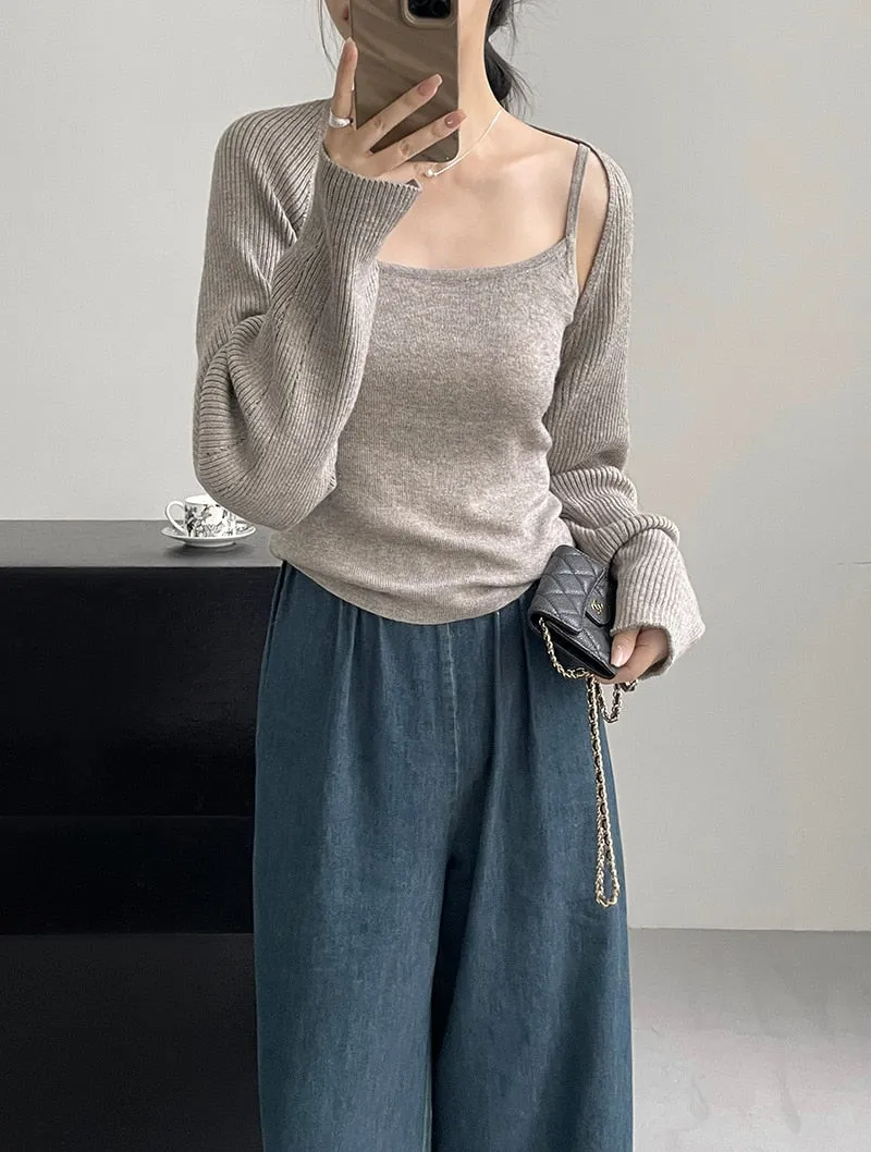 [Korean Style] Co-ord Long Sleeve Cardigan Knit Cami 2 pc Sets