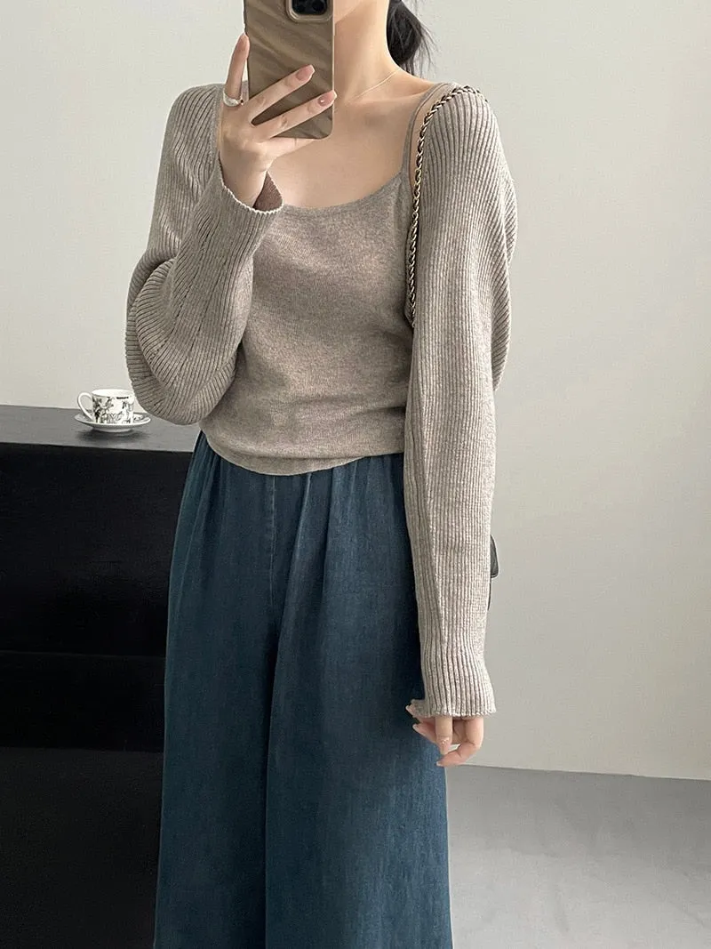 [Korean Style] Co-ord Long Sleeve Cardigan Knit Cami 2 pc Sets