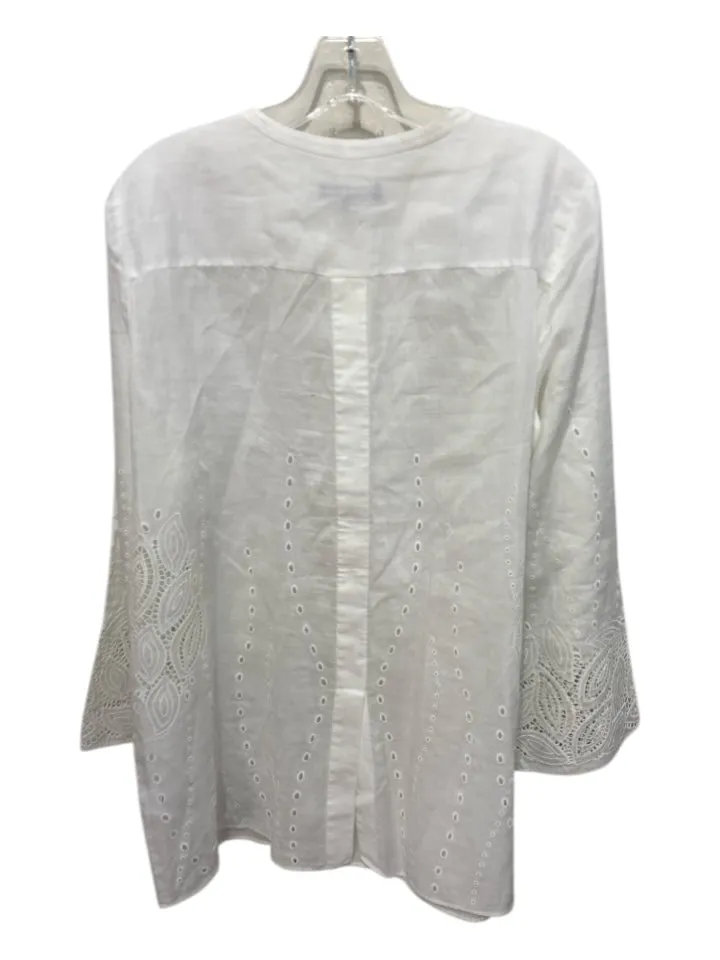 Lafayette 148 Size M White Ramie & Tencel Laser Cut Half Button Top