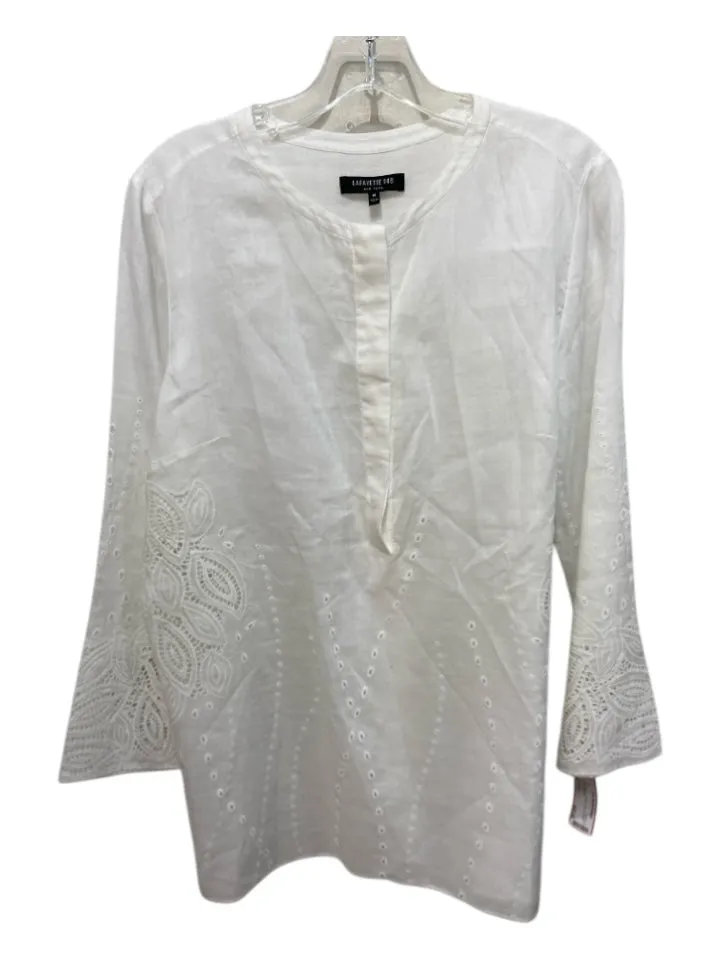 Lafayette 148 Size M White Ramie & Tencel Laser Cut Half Button Top