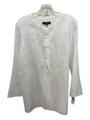 Lafayette 148 Size M White Ramie & Tencel Laser Cut Half Button Top