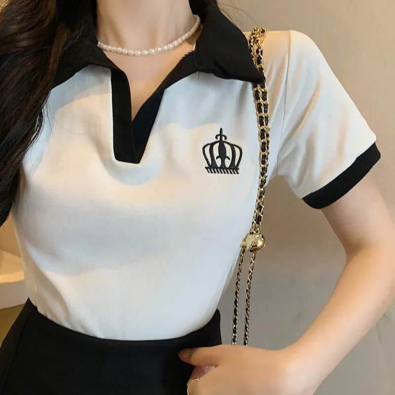 Lapel Collar T-Shirt Top Stretch Slit Skirt Pants