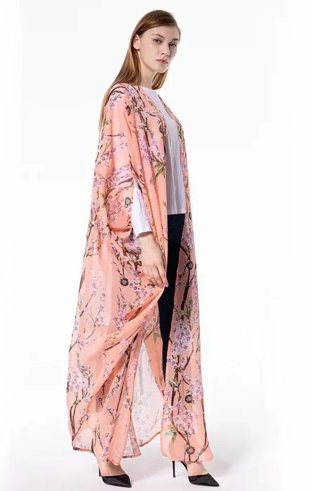 LEANA PEACH OVERSIZED FLORAL PRINT KIMONO BLOUSE