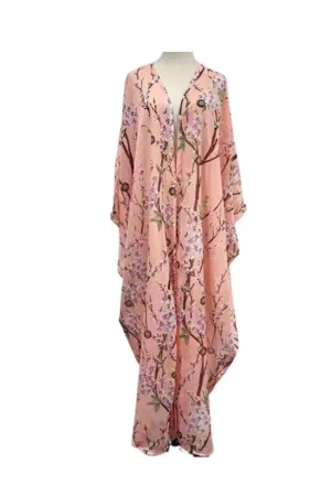 LEANA PEACH OVERSIZED FLORAL PRINT KIMONO BLOUSE