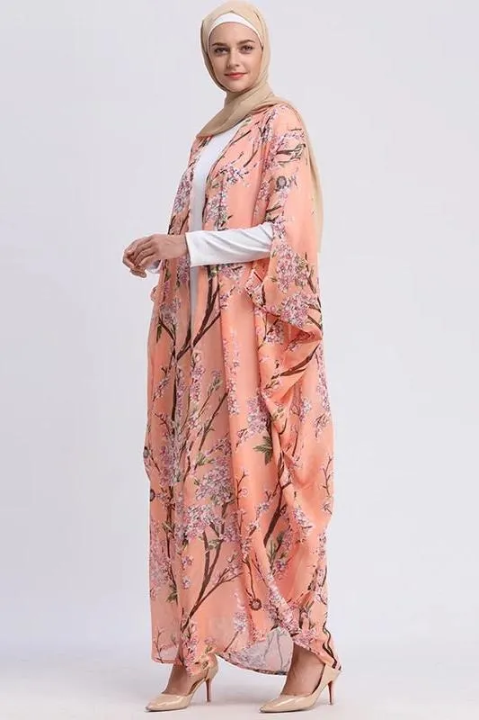 LEANA PEACH OVERSIZED FLORAL PRINT KIMONO BLOUSE