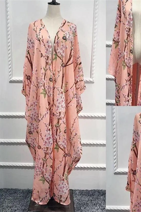 LEANA PEACH OVERSIZED FLORAL PRINT KIMONO BLOUSE