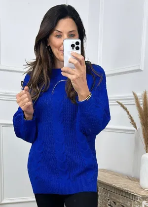 Leesa Royal Blue Cable Knit Long Jumper