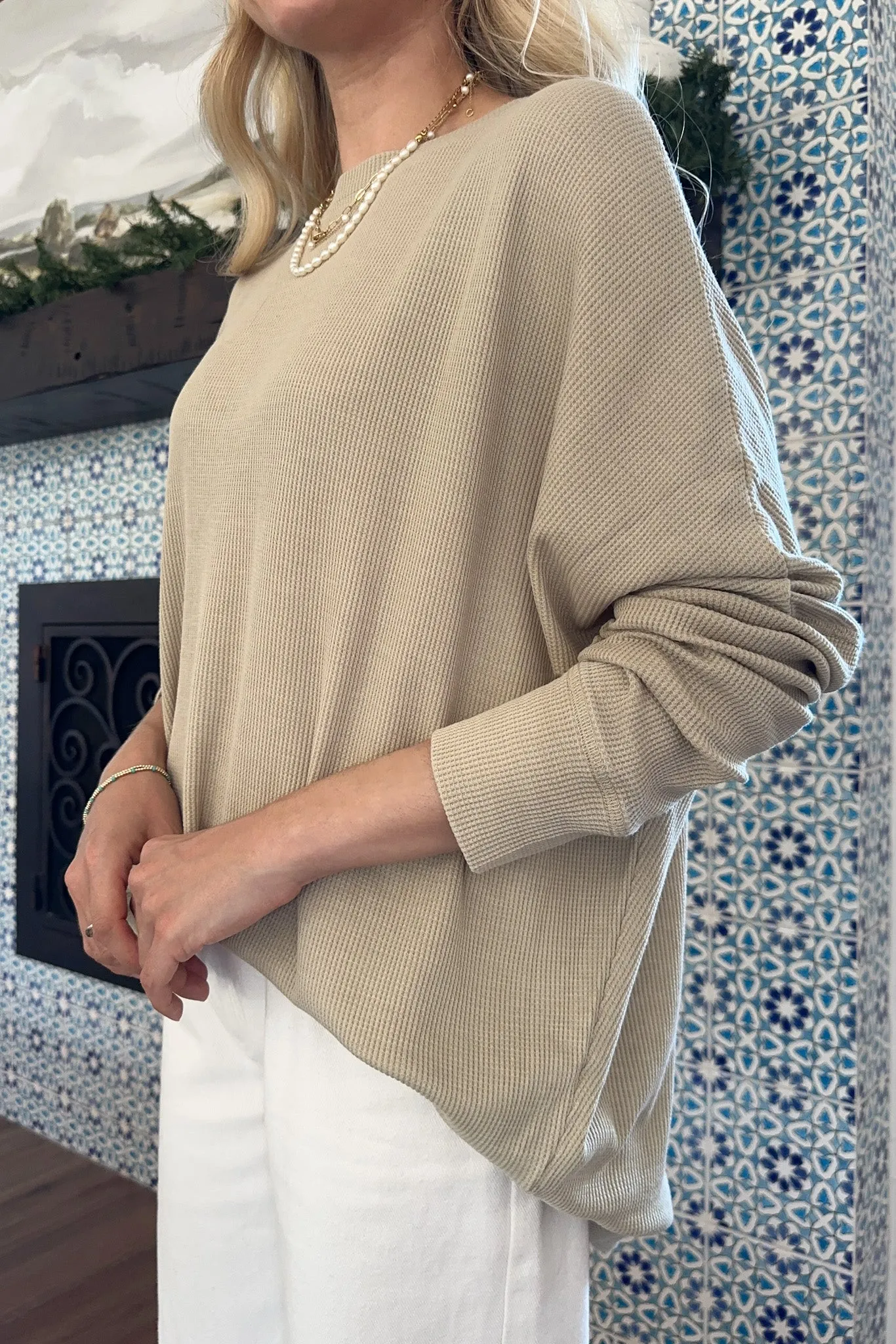 Libby Waffle Knit Boatneck Top in Khaki