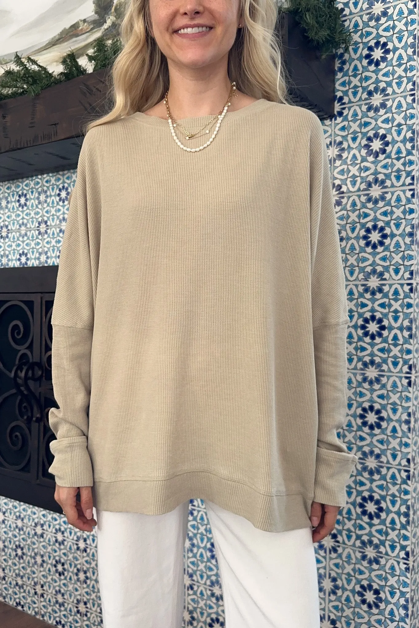 Libby Waffle Knit Boatneck Top in Khaki