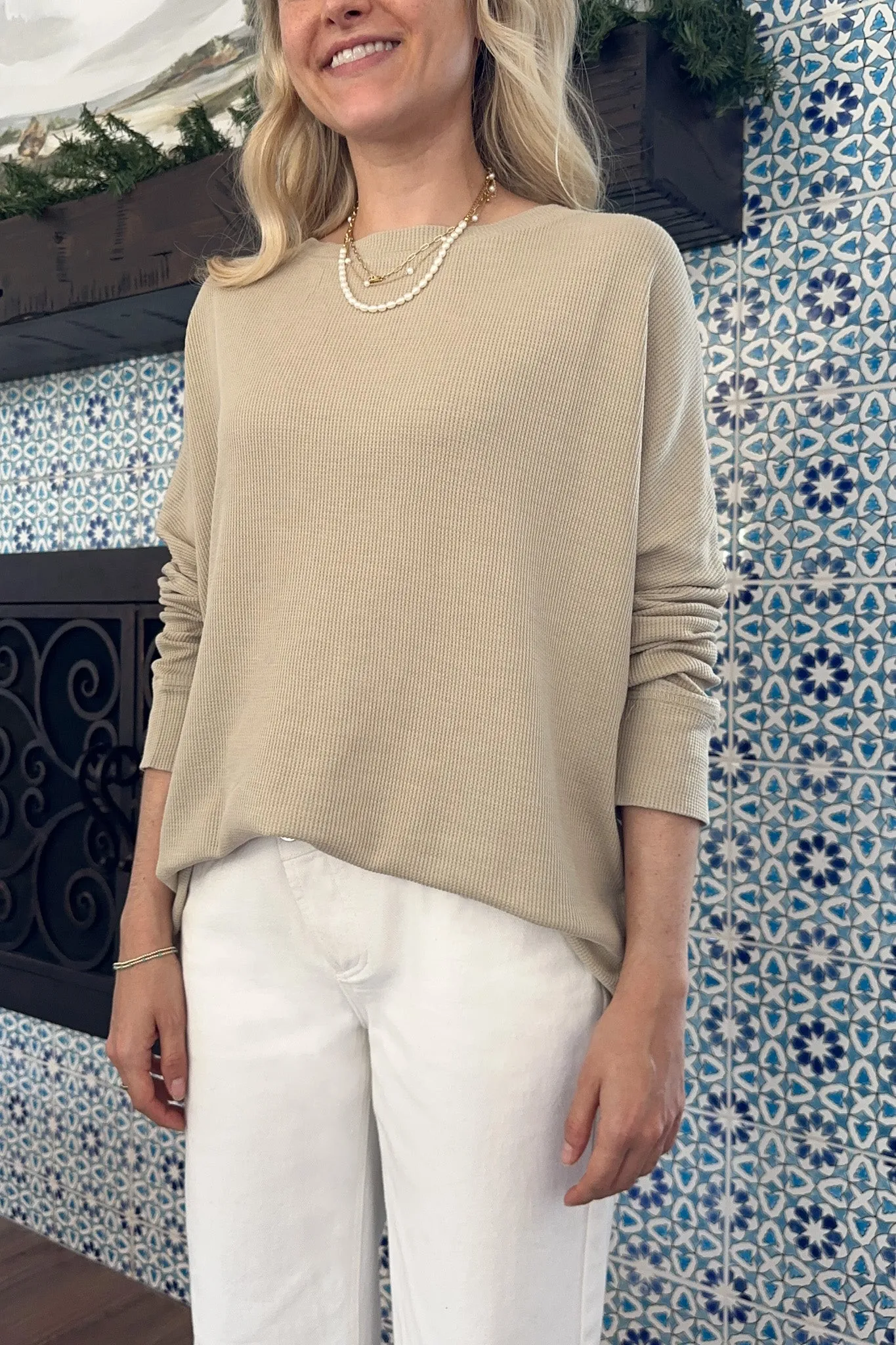 Libby Waffle Knit Boatneck Top in Khaki