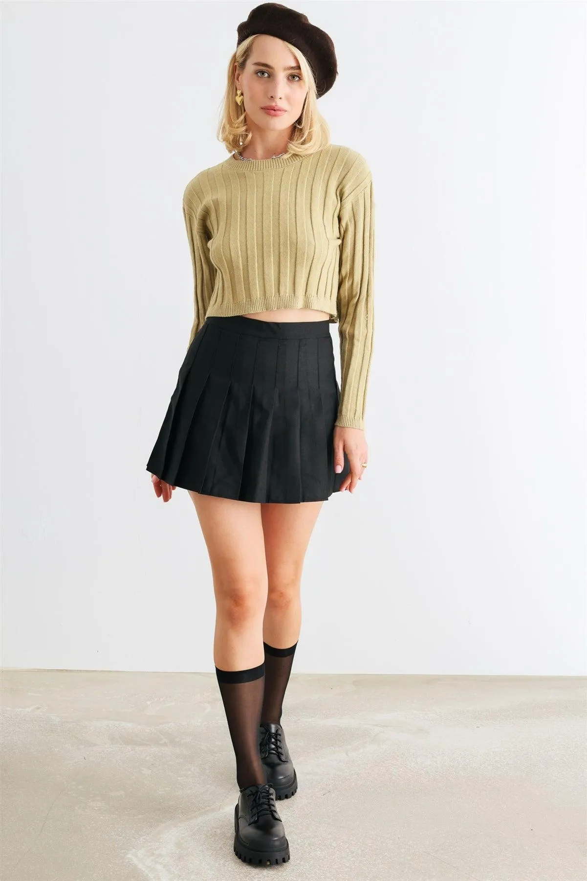 Light Olive Ribbed Long Sleeve Open Tie Back Crop Top /1-2-2-1