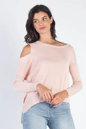 Light Pink Knit Cold Shoulder Long Sleeve Top /3-2-1