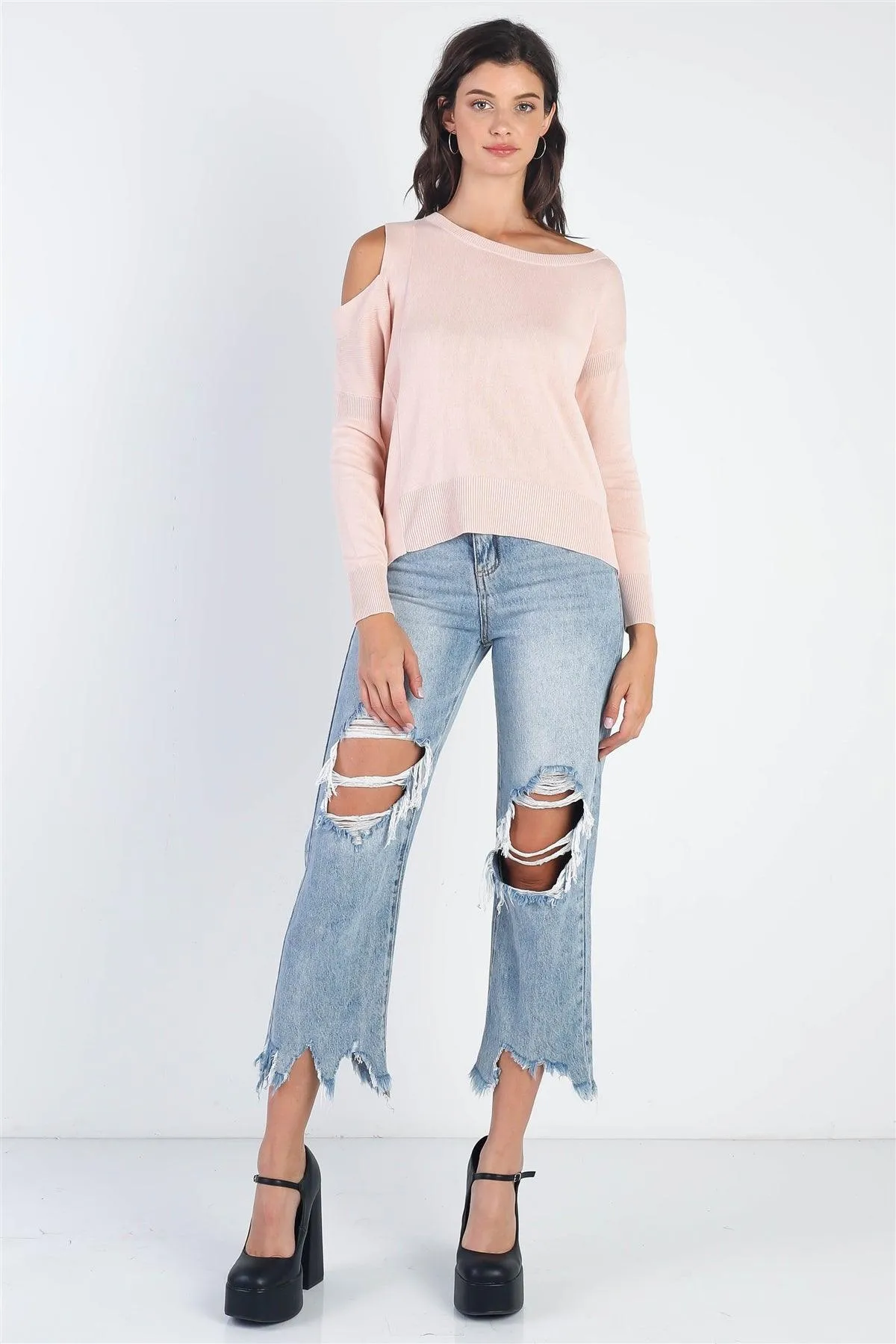 Light Pink Knit Cold Shoulder Long Sleeve Top /3-2-1