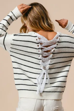 LISA BACK LACE UP DETAIL STRIPE V NECK KNIT TOP S-XL