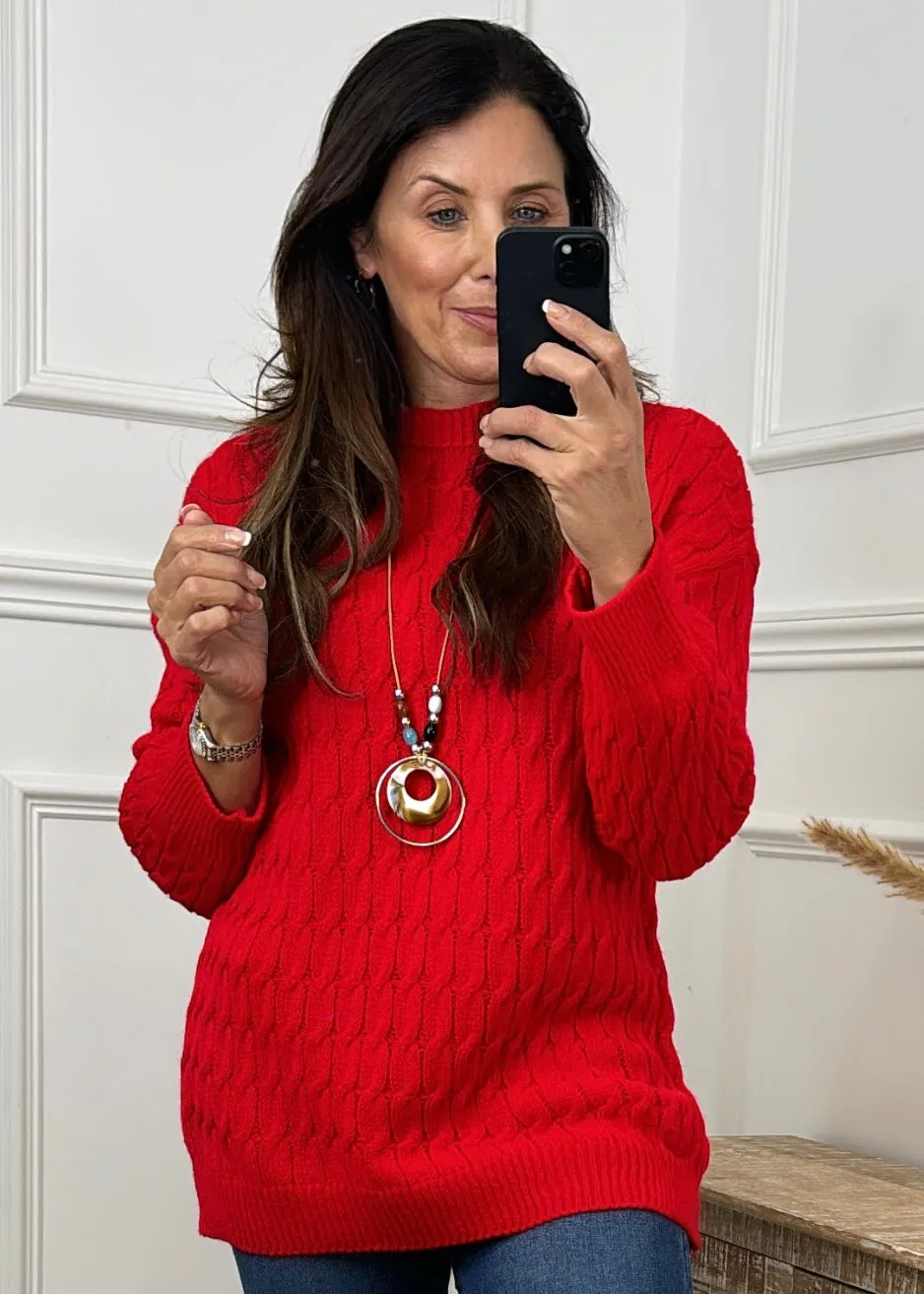 Lisbeth Red Cable Knit Necklace Jumper