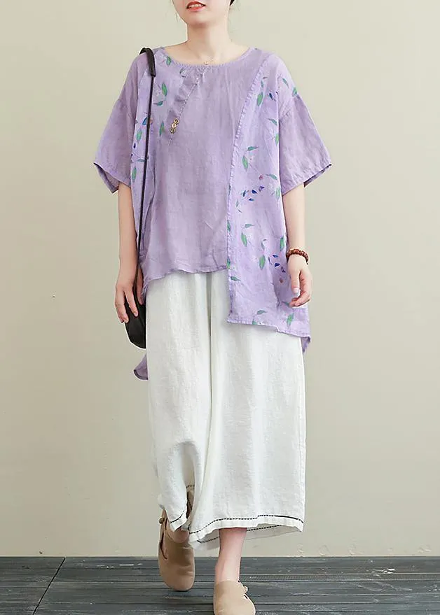 Literature and art ramie purple printed T-shirt female loose cotton and linen nine points wide leg pants two-piece suit